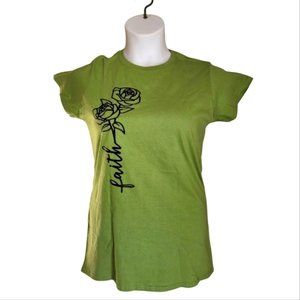Faith Stem Rose Design on bright green ladies cotton Gildan tshirt size Large